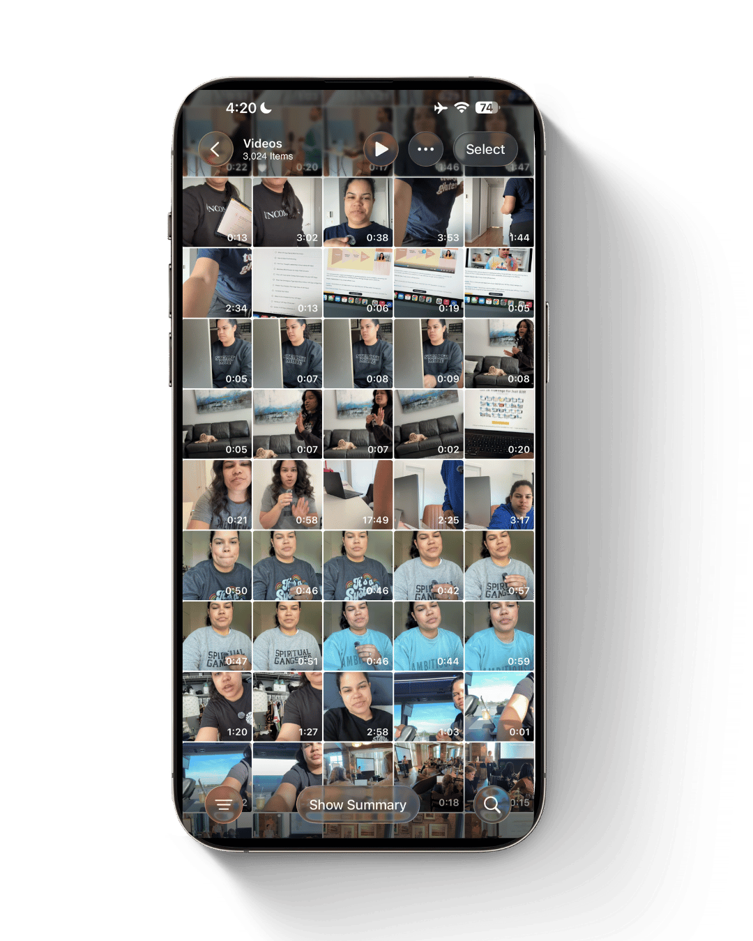 A real phone camera roll filled with dozens of unposted video clips
